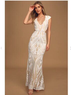 LULUS-"Always Adored" White & Nude Sequin Mermaid Maxi Wedding Dress Size XL